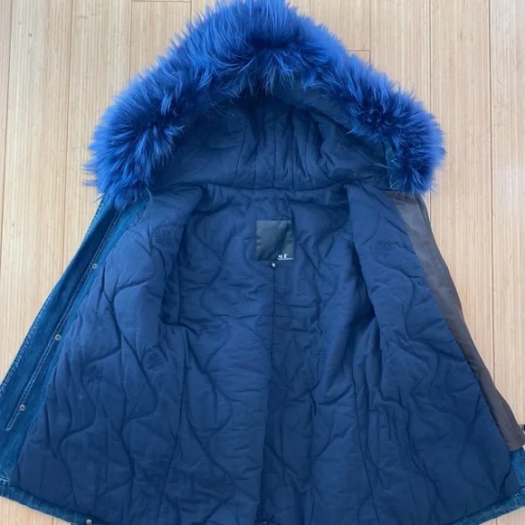 Blue fox fur hooded denim coat